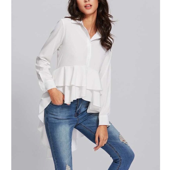 White High Low Ruffles Hem Button Down Blouse - Picture 4 of 6